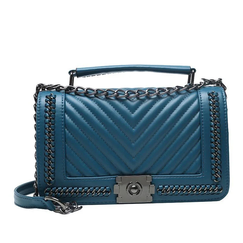 Fashionable leather messenger bag with chain strap in a range of vibrant colours, designed for style and functionality