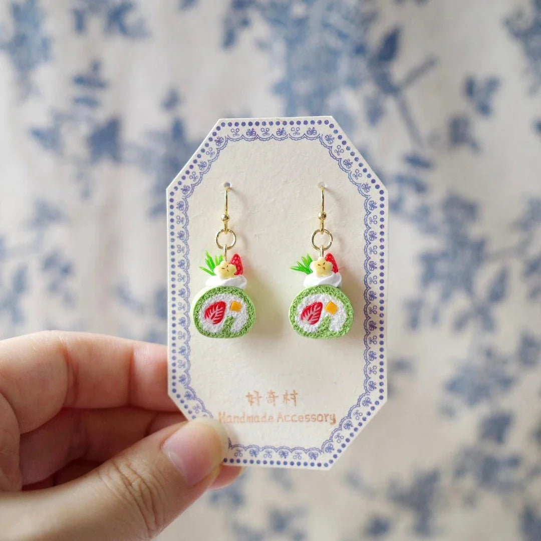 Handcrafted dessert-inspired earrings in copper color, featuring unique cookie, cake, and snack designs