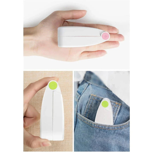 Compact rechargeable handheld fan in pink and green colours, providing powerful cooling on the move