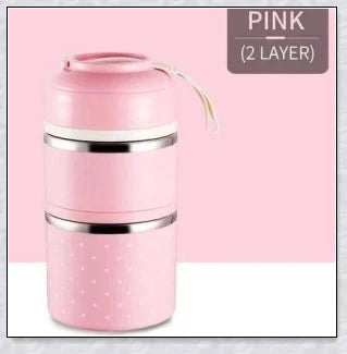 Insulated Hot Food Thermos Lunchbox Tower with multi-layer design and choice of green, pink, blue, or gray colour