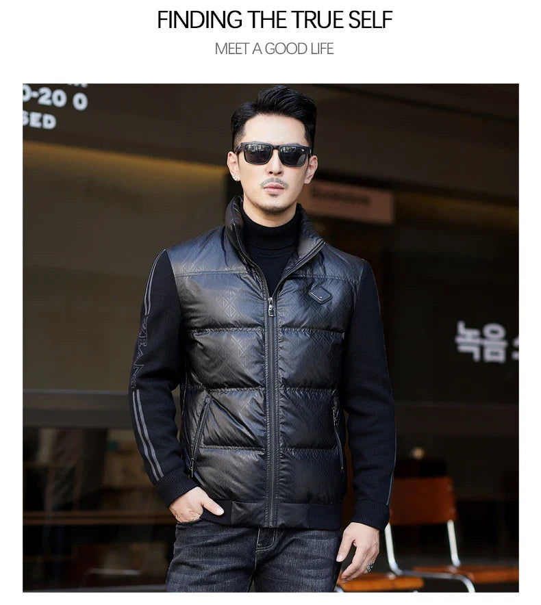Warm and weatherproof men's down jacket with stand collar and knitted sleeves, made from premium polyester fibre and filled with luxurious duck down