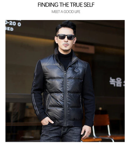 Warm and weatherproof men's down jacket with stand collar and knitted sleeves, made from premium polyester fibre and filled with luxurious duck down