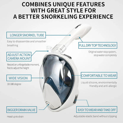 Premium full face anti-fog snorkel mask with wide 180-degree viewing and adjustable camera mount