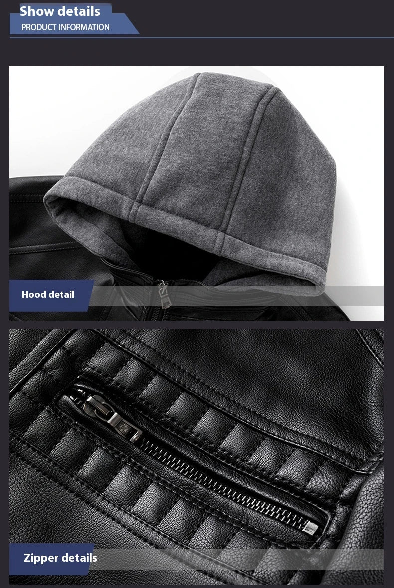A stylish hooded PU jacket in black, designed for warm winter wear with practical features and a tailored fit.