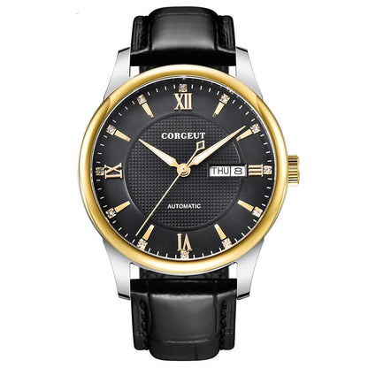 A sophisticated automatic mechanical watch with a gold/white or gold/black face, stainless steel case, and genuine leather strap