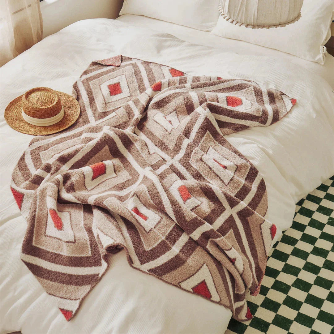 Luxurious Plaid Throw Blanket in Khaki, a cosy and stylish microfibre blanket with a vibrant Mediterranean-inspired design
