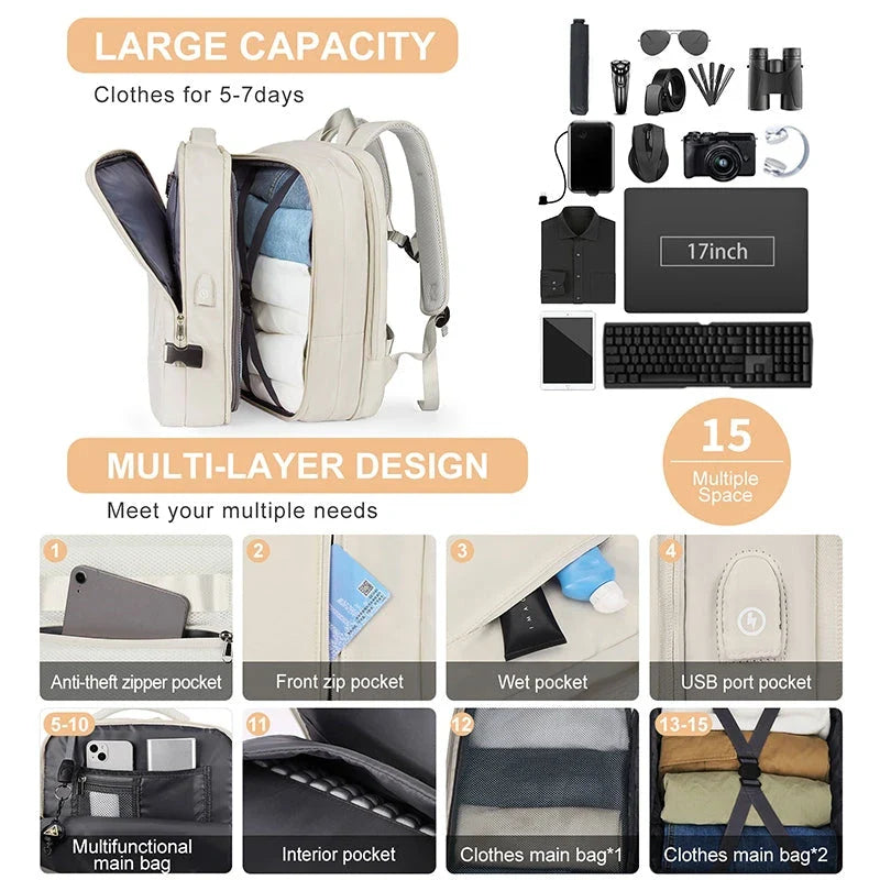 Premium Expandable Travel Backpack with Laptop Sleeve, Water-Resistant Nylon, and Adjustable Capacity