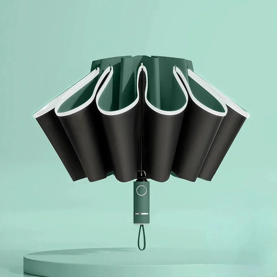 Premium auto-open reverse folding umbrella with reflective safety strip for all-weather protection