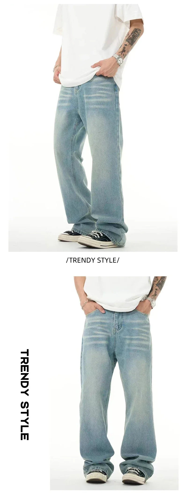 Premium light blue washed relaxed fit jeans with subtle fading and distressing, made from high-quality cotton for exceptional comfort and durability.