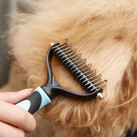 Professional Dog Grooming Comb made with durable stainless steel and comfortable rubber grip for effortless detangling and coat maintenance