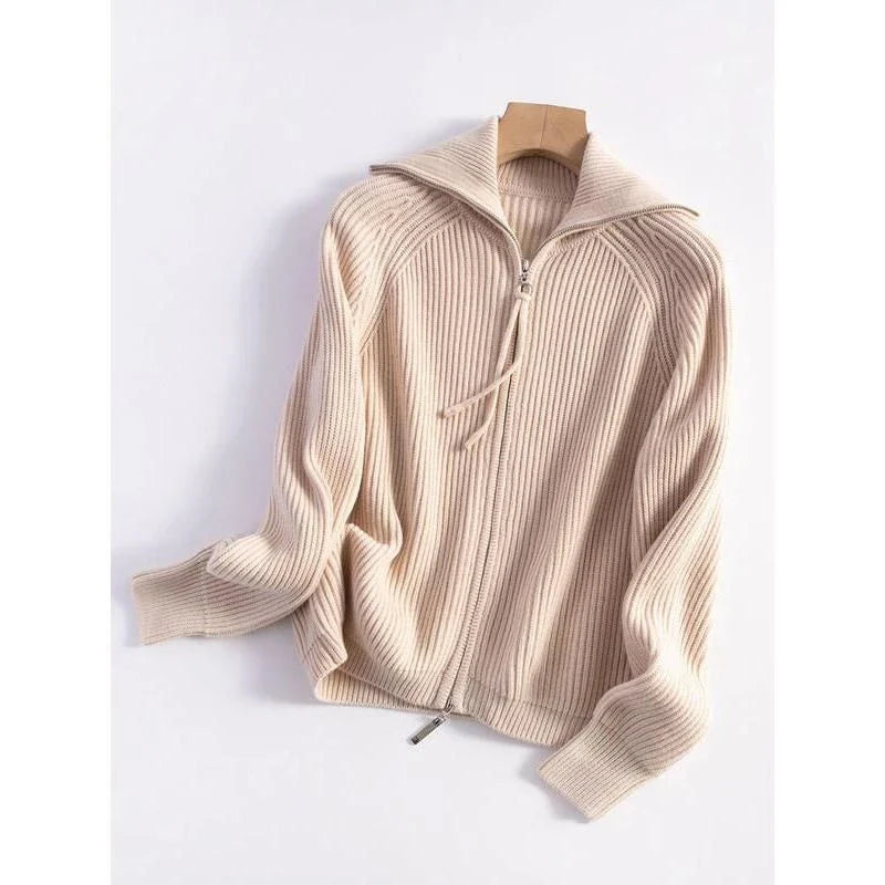 Luxurious 100% wool cardigans in khaki and white, featuring a stylish A-straight pattern and chic turn-down collar for refined autumn and winter style.
