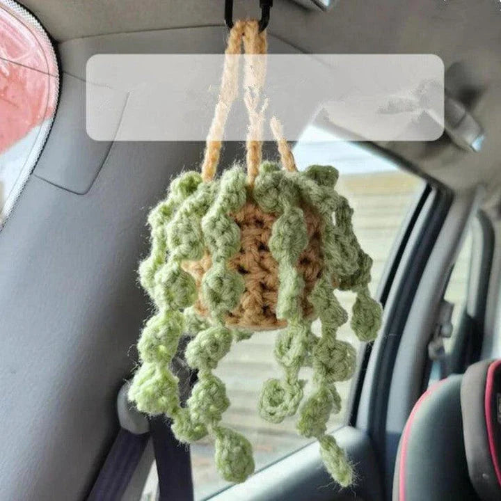 Charming knitted car plant decor with hanging white rope and green and white colour scheme