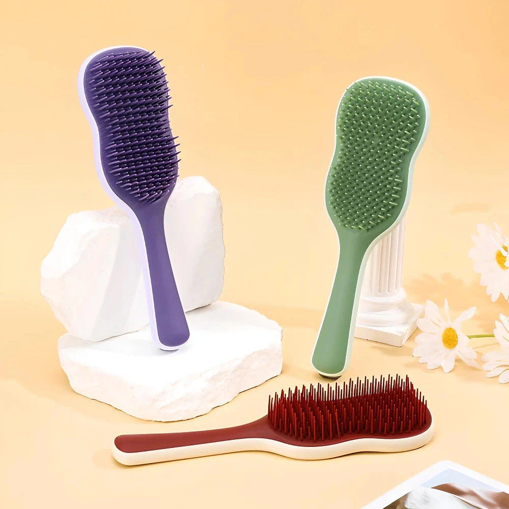 Salon-quality hair straightening comb with air cushion for soothing scalp massage, available in vibrant colours