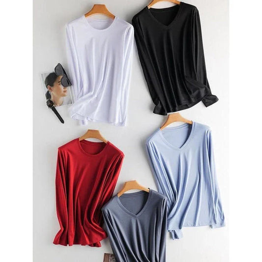 A classic long-sleeved tee in black, made from a premium blend of silk, cotton, and microfiber for a comfortable and elegant look.