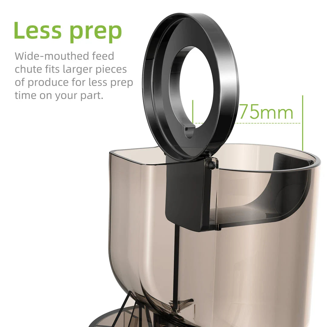 Premium cold press juicer with 200W motor, slow masticating process, and 3-inch wide feed chute for whole produce juicing