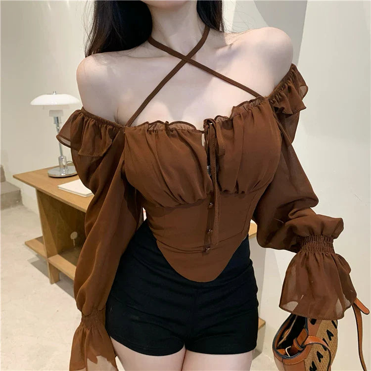 Elegant chiffon shirt with stylish ruffled neckline, available in white, black, and coffee colours
