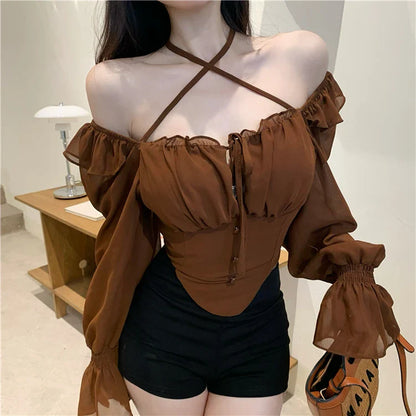 Elegant chiffon shirt with stylish ruffled neckline, available in white, black, and coffee colours