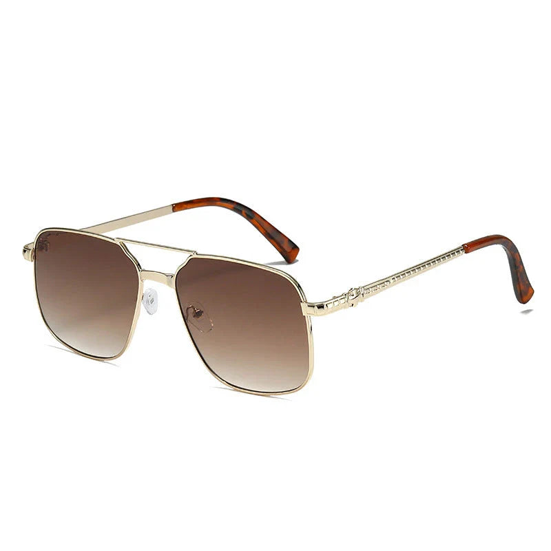 Trendy metal square frame sunglasses with vibrant yellow lenses and red gradient for a bold, modern look
