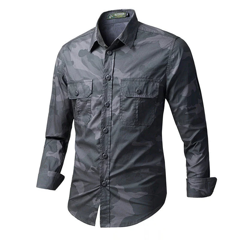 Men's long sleeve casual overalls shirt in army green, khaki, and grey colours with Japanese-inspired lapel design