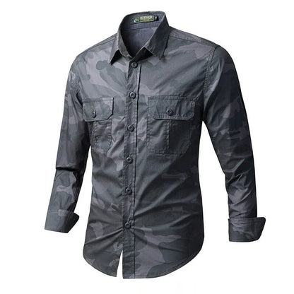 Men's long sleeve casual overalls shirt in army green, khaki, and grey colours with Japanese-inspired lapel design