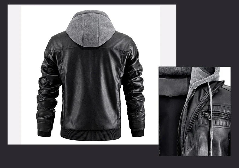 A stylish hooded PU jacket in black, designed for warm winter wear with practical features and a tailored fit.