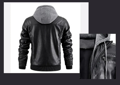 A stylish hooded PU jacket in black, designed for warm winter wear with practical features and a tailored fit.
