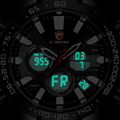 Multifunctional men's waterproof quartz watch with stainless steel case and silicone strap in rose gold black colour