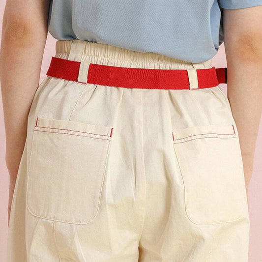 Women's high-waist cotton capri trousers with embroidered fruit designs in a relaxed straight-leg fit