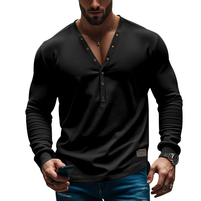 Premium men's slim-fit buttoned v-neck knit top in various colours, showcasing a tailored, sophisticated design