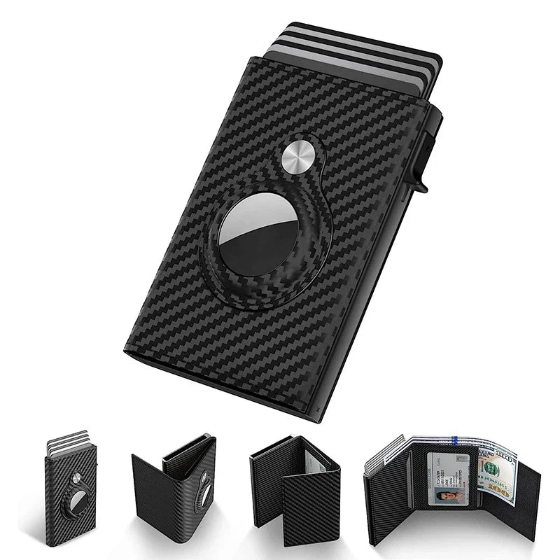 Premium carbon fibre and genuine leather card holder with stylish black and stripe design, offering anti-theft protection and ample storage for the modern UK consumer