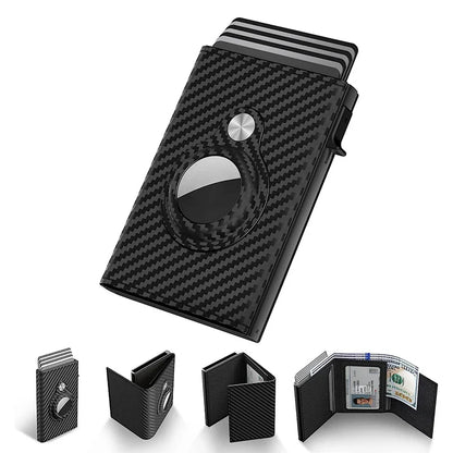 Premium carbon fibre and genuine leather card holder with stylish black and stripe design, offering anti-theft protection and ample storage for the modern UK consumer