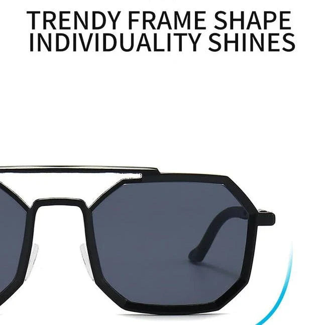 Stylish polygonal double bridge sunglasses with metal frames and mirror-coated lenses for men and women