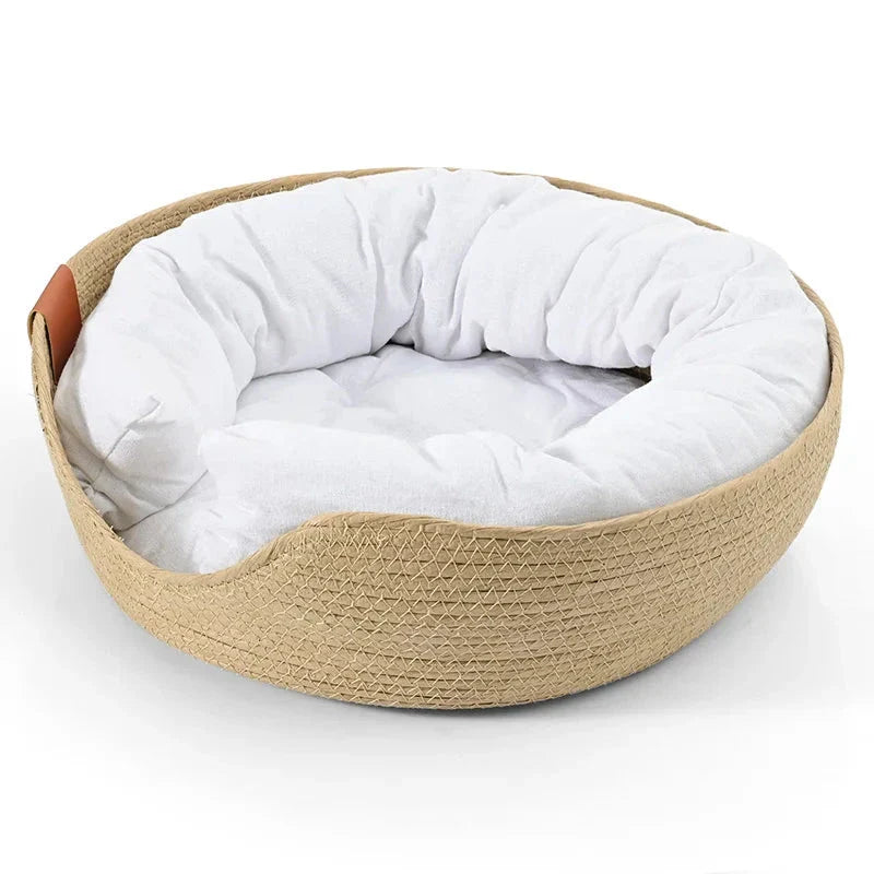 Handcrafted bamboo pet bed with removable cushion, providing a cosy and stylish sleeping space for cats and small dogs