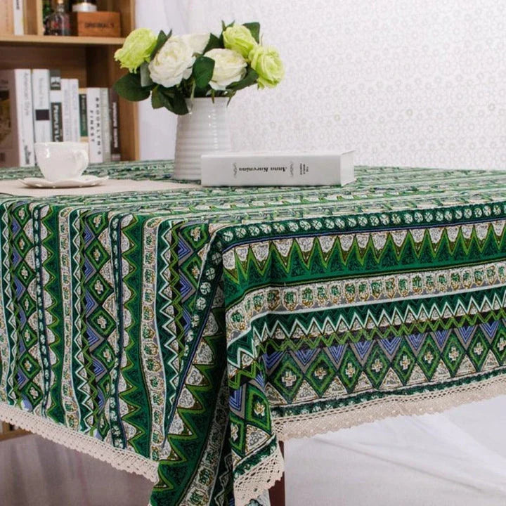 Elegant Bohemian-inspired dining tablecloth with intricate jacquard weave pattern in red colour
