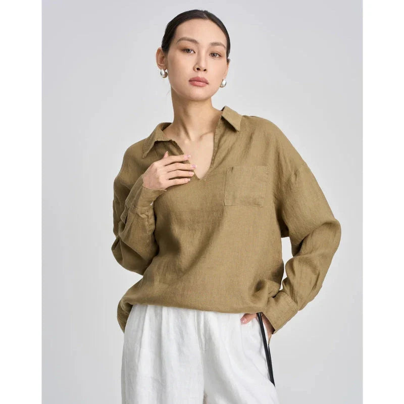 Premium linen v-neck long sleeve shirt for women in khaki colour, featuring breathable fabric and wrinkle-resistant design.