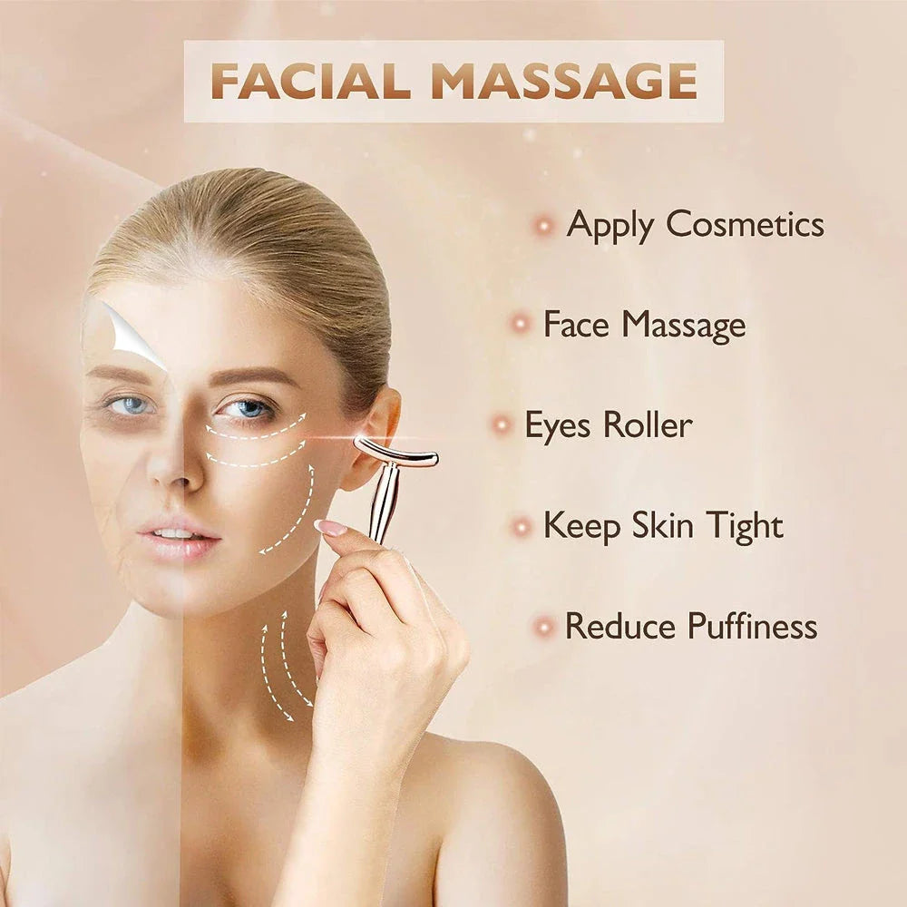 A rose gold metal eye cream applicator and face massager tool with a Y-shaped design for effective skincare application and facial massage