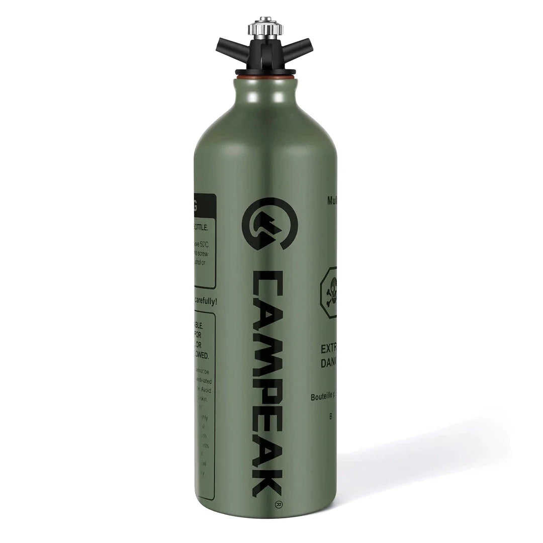 Portable aluminium liquid fuel storage bottle with safety cap and venting pipe, perfect for camping, hiking, and outdoor adventures