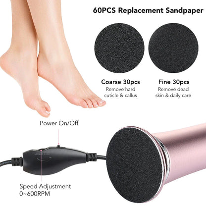 Rechargeable electric foot file pedicure machine with adjustable speed and replaceable sanding papers for efficient callus removal and salon-quality foot care at home