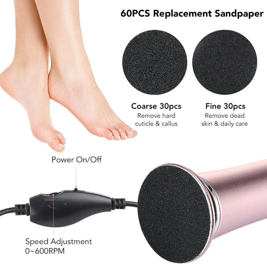 Rechargeable electric foot file pedicure machine with adjustable speed and replaceable sanding papers for efficient callus removal and salon-quality foot care at home