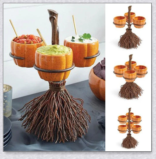 Pumpkin-shaped snack bowls on a broom-inspired stand, perfect for Halloween parties and displays