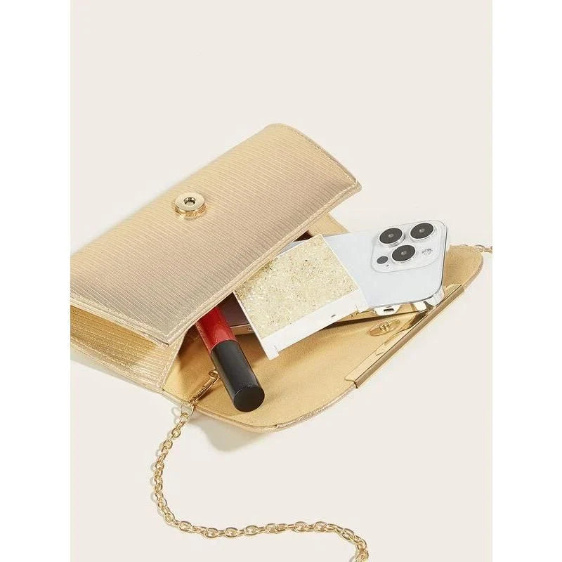 Elegant shiny striped PU leather evening clutch bag with long chain, perfect for formal events and everyday use