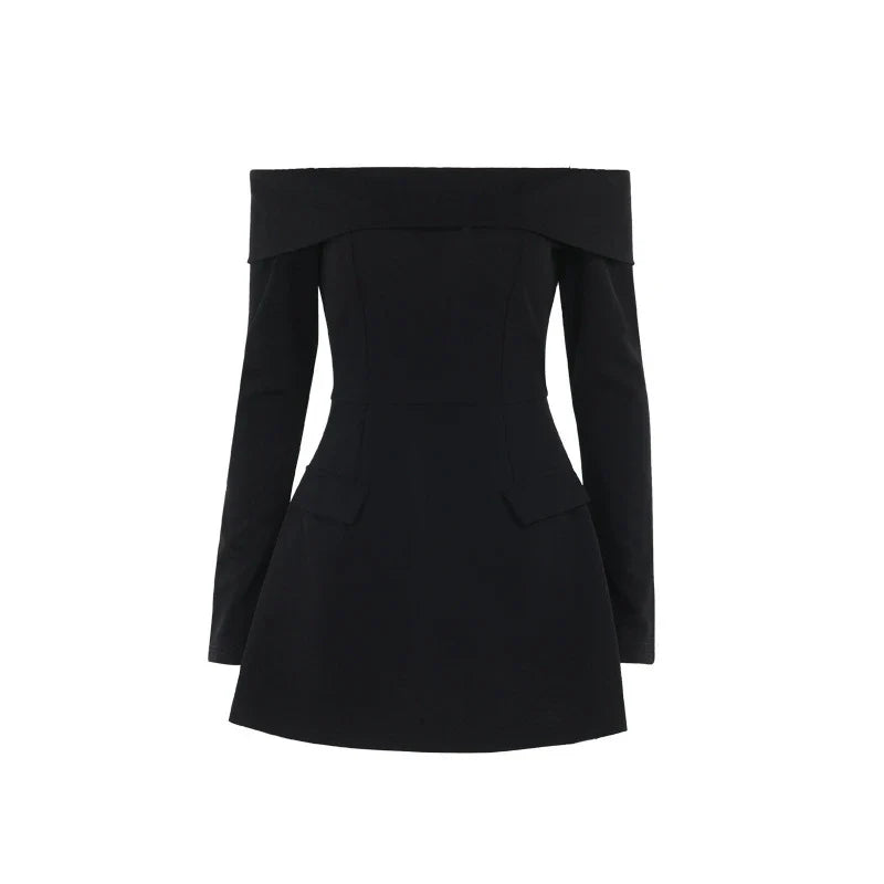 Elegant off-the-shoulder A-line dress for women with slim fit, bell sleeves, and high waist design