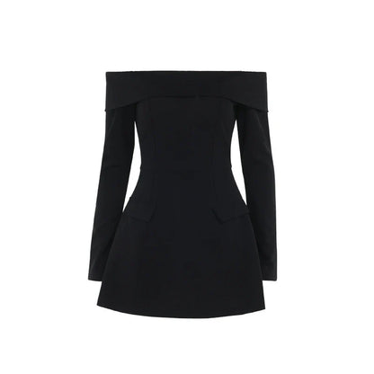 Elegant off-the-shoulder A-line dress for women with slim fit, bell sleeves, and high waist design