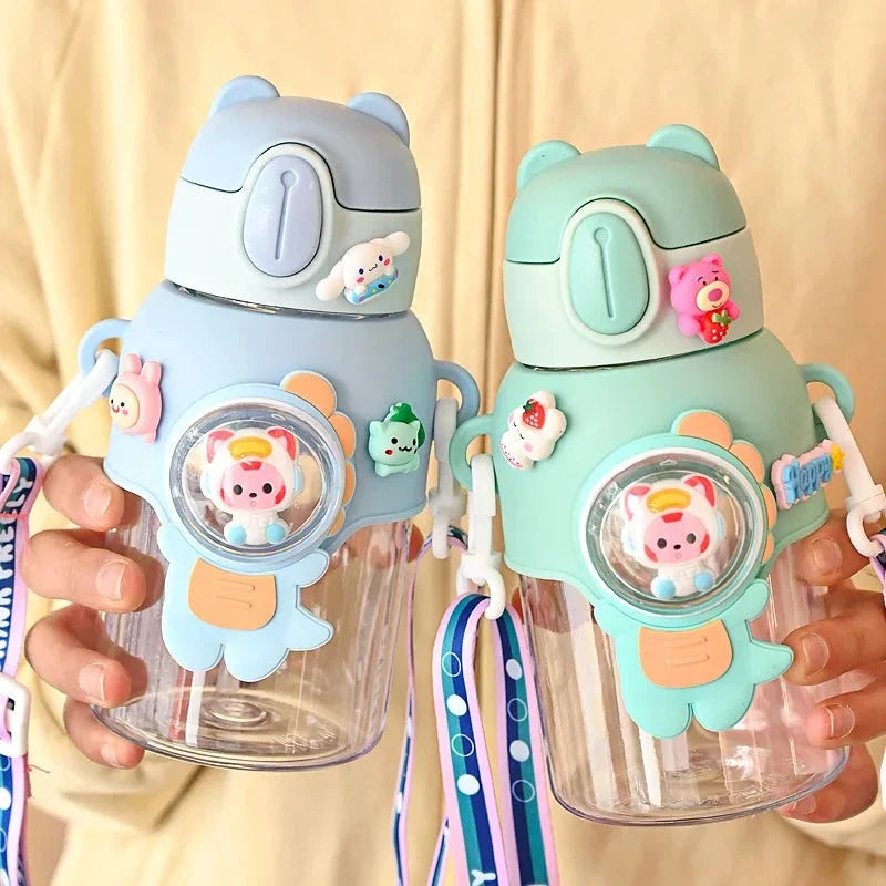 Colourful, durable Kids Cartoon Water Bottle with straw and carrying strap, designed for children's hydration needs