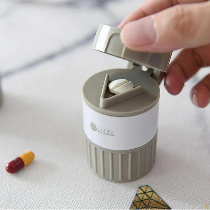 4-in-1 Portable Pill Grinder and Cutter with Pill Cutting Grid, Tablet Grinding Mechanism, and Tiered Storage Compartments