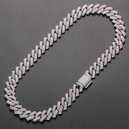 Stylish men's hip hop necklace with pink zircon stone and adjustable Cuban link chain