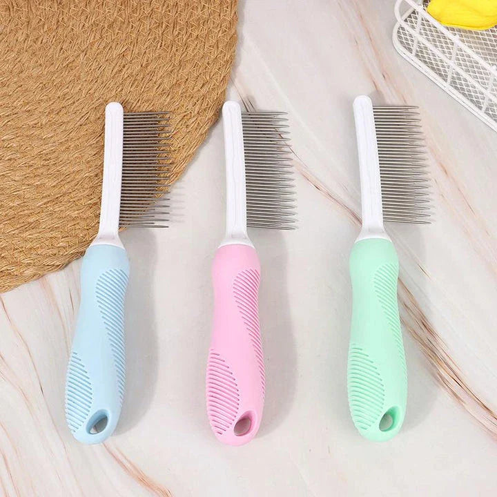 Premium pet grooming comb with dual-pronged stainless steel teeth for deep, gentle fur and debris removal
