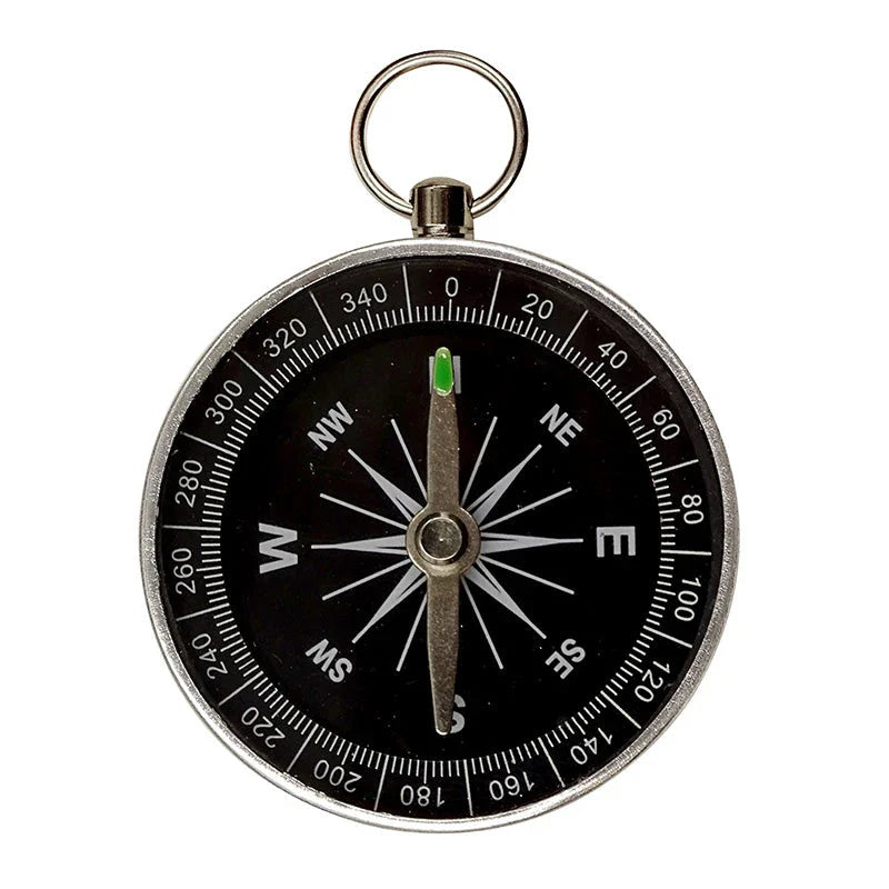 Compact aluminium compass keychain with tempered glass surface and bright compass face, perfect for outdoor adventures in the UK