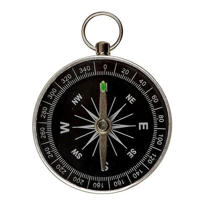 Compact aluminium compass keychain with tempered glass surface and bright compass face, perfect for outdoor adventures in the UK