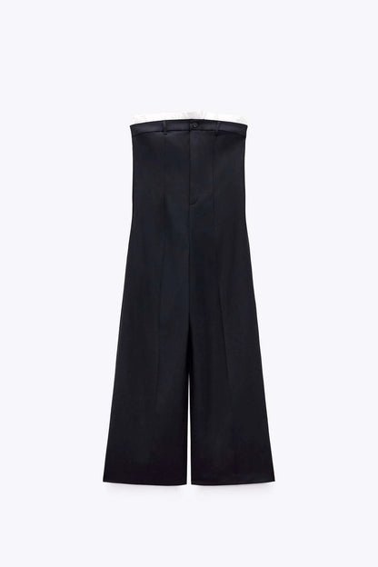 Trendha Contrast Stitching Tube Top Jumpsuit in Sea Blue, featuring raglan sleeves, wide legs, and a shawl neckline design